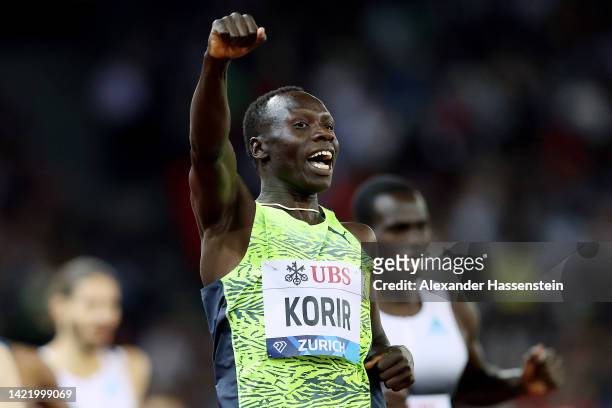 Emmanuel Kipkurui Korir of Kenya celebrates their victory in the Men's 800m Final during the Weltklasse Zurich 2022, part of the 2022 Diamond League...