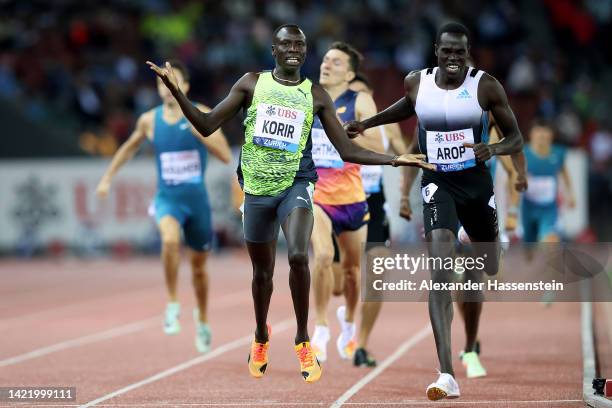 Emmanuel Kipkurui Korir of Kenya celebrates their victory in the Men's 800m Final during the Weltklasse Zurich 2022, part of the 2022 Diamond League...