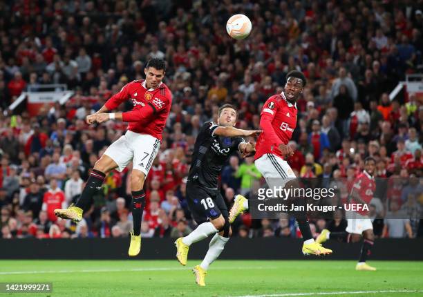 Cristiano Ronaldo of Manchester United scores a goal which is later disallowed by VAR during the UEFA Europa League group E match between Manchester...