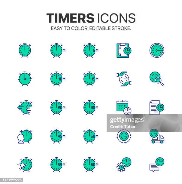 buntes timer-symbol-set. uhr-, datums- und timersymbole. aufgabe, sanduhr, geschwindigkeit und mehr symbol - uhrmacher stock-grafiken, -clipart, -cartoons und -symbole