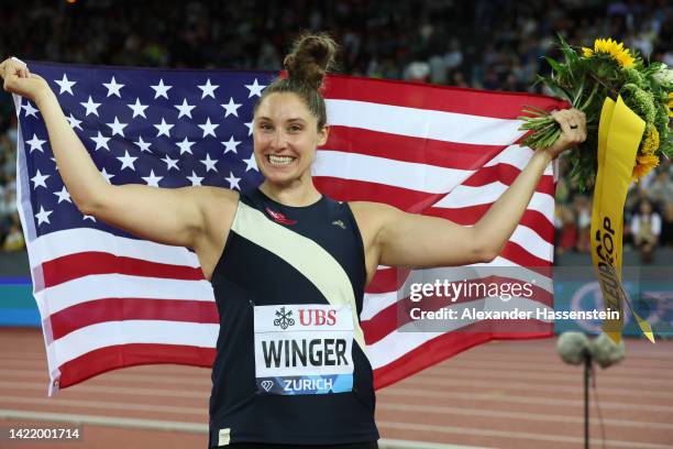 Kara Winger of United States celebrates following their victory in Women's Javelin Throw during the Weltklasse Zurich 2022, part of the 2022 Diamond...