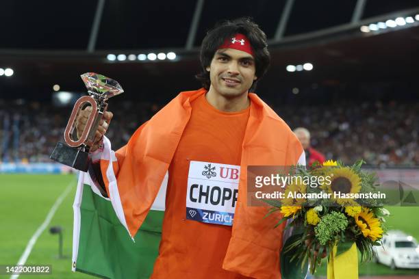 Neeraj Chopra of India celebrates following their victory in Men's Javelin Throw during the Weltklasse Zurich 2022, part of the 2022 Diamond League...