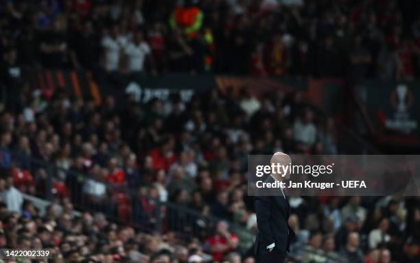 Erik ten Hag, Manager of Manchester United looks on during the UEFA Europa League group E match between Manchester United and Real Sociedad at Old...