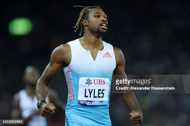 Noah Lyles of United States celebrates as he crosses the finish line to win Men's 200 Metres during the Weltklasse Zurich 2022, part of the 2022...