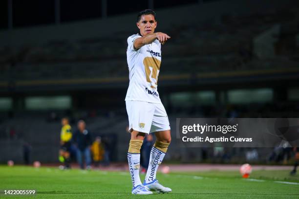 Efrain Velarde of Pumas reacts during the 13th round match between Pumas UNAM and Queretaro as part of the Torneo Apertura 2022 Liga MX at Olimpico...