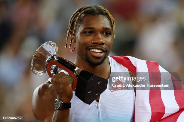 Oah Lyles of United States celebrates following their victory in Men's 200 Metres during the Weltklasse Zurich 2022, part of the 2022 Diamond League...