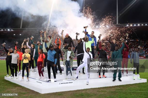 All Diamond League winners celebrate with their trophies following the Weltklasse Zurich 2022, part of the 2022 Diamond League series at Stadion...