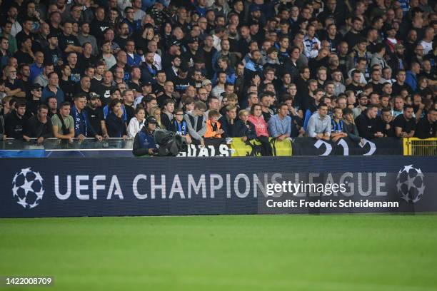 Board with Champions League advertising is seen during the UEFA Champions League group B match between Club Brugge KV and Bayer 04 Leverkusen at Jan...