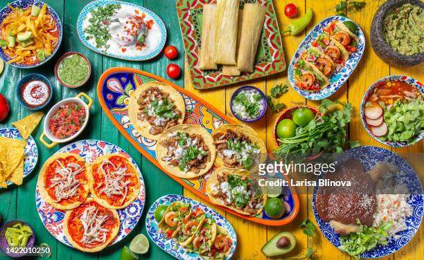 mexican festive food for independence day independencia - chiles en nogada, tacos al pastor, chalupas pozole, tamales, chicken with mole poblano sauce. colorful background, top view - cucina messicana foto e immagini stock
