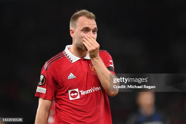 Christian Eriksen of Manchester United reacts as they leave the pitch for half time during the UEFA Europa League group E match between Manchester...