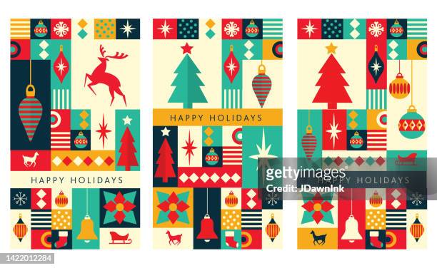 merry christmas greeting card flat design vertical banner template set with ornaments, trees geometric shapes and simple icons - flat stock illustrations