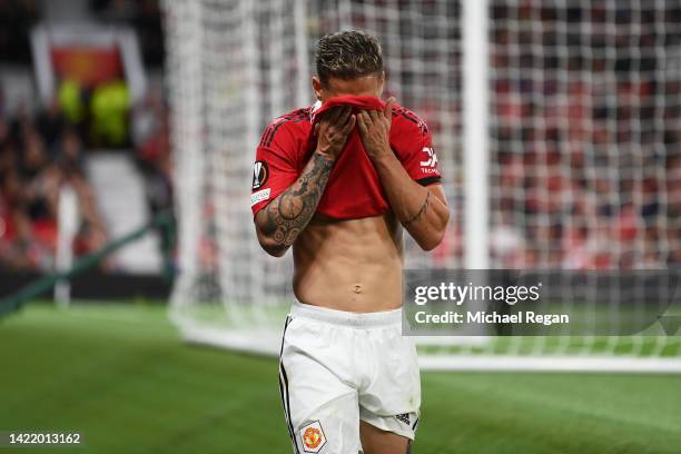 Antony of Manchester United reacts after being substituted during the UEFA Europa League group E match between Manchester United and Real Sociedad at...