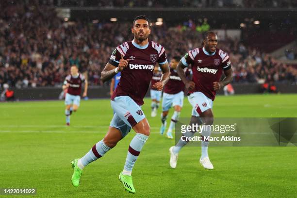 Emerson Palmieri of West Ham United celebrates after scoring their team's second goal during the UEFA Europa Conference League group B match between...
