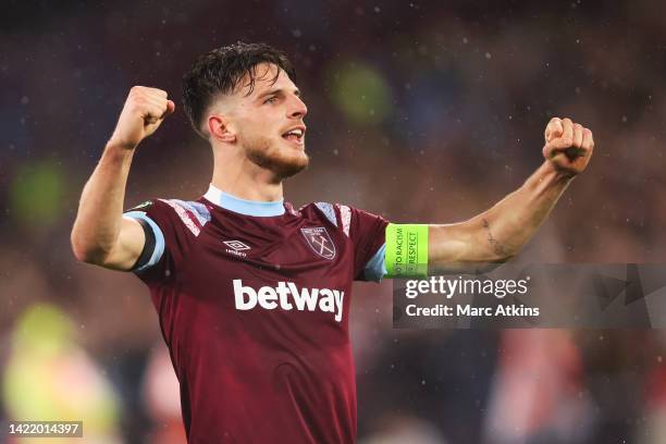 Declan Rice of West Ham United celebrates after teammate Emerson Palmieri scores their team's second goal during the UEFA Europa Conference League...