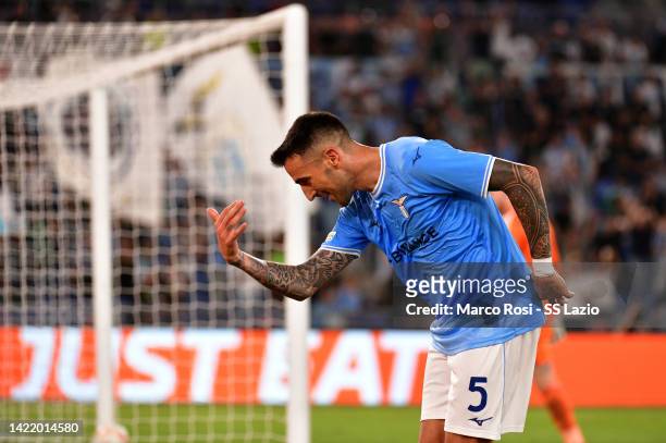 Matias Vecino of SS Lazio celebrates a fourth goal during the UEFA Europa League group F match between SS Lazio and Feyenoord at Stadio Olimpico on...