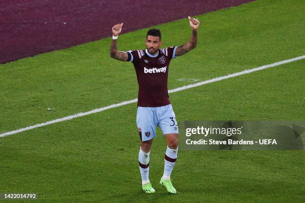 Emerson Palmieri of West Ham United celebrates after scoring their team's second goal during the UEFA Europa Conference League group B match between...