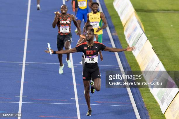 Jereem Richards of Trinidad and Tobago cross the line and wins gold for his team in the men's 4x400m relay during Athletics Track & Field on day ten...