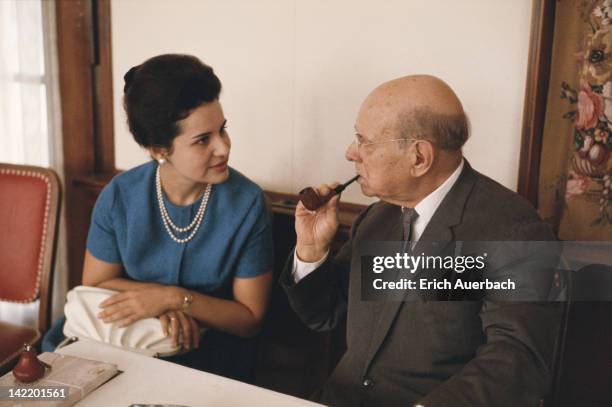 Spanish cellist Pablo Casals with his wife, Marta Casals Istomin, at a masterclass in Zermatt, Switzerland, September 1965.