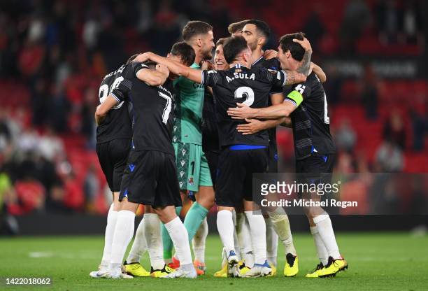 Real Sociedad players celebrates victory after the final whistle in the UEFA Europa League group E match between Manchester United and Real Sociedad...