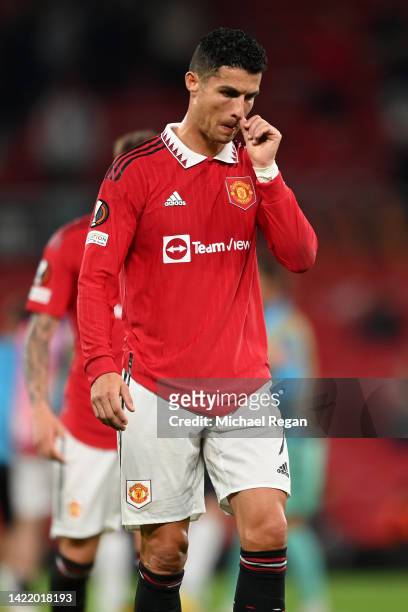 Cristiano Ronaldo of Manchester United looks dejected following their sides defeat in the UEFA Europa League group E match between Manchester United...