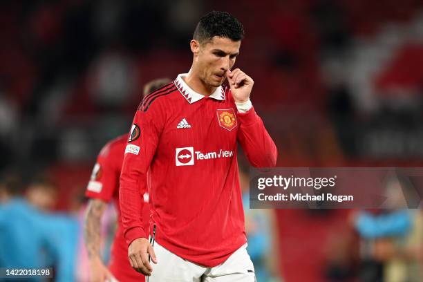 Cristiano Ronaldo of Manchester United looks dejected following their sides defeat in the UEFA Europa League group E match between Manchester United...