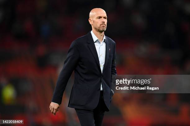 Erik ten Hag, Manager of Manchester United looks dejected following their sides defeat in the UEFA Europa League group E match between Manchester...