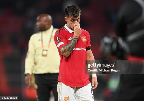 Lisandro Martinez of Manchester United looks dejected following their sides defeat in the UEFA Europa League group E match between Manchester United...