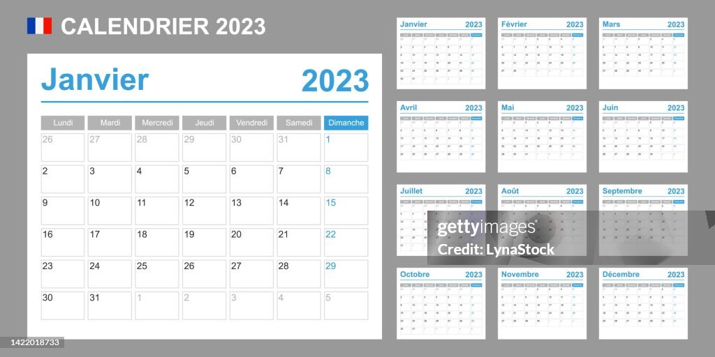 Calendário francês para 2023. A semana começa na segunda-feira. Modelo vetorial simples. Planejador de design de negócios.