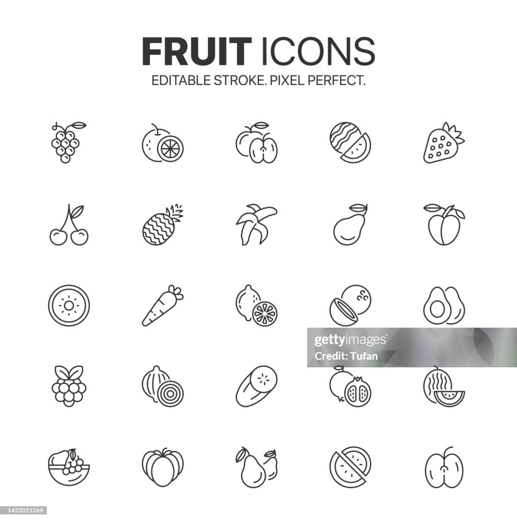 Fruit icon set. Vegetable food line icon. Berry, orange, pineapple, mango, lemon and more vector