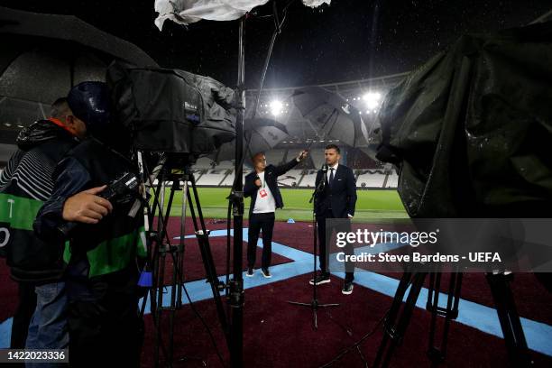 Nicolae Dica, Head Coach of FCSB speaks to the media in the flash interview after their sides defeat during the UEFA Europa Conference League group B...