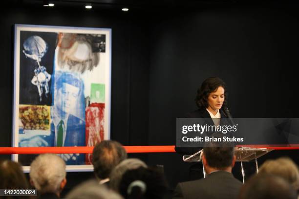 Rose Kennedy Schlossberg delivers remarks during the "Art And Ideals: President John F. Kennedy" Exhibit Press Preview at The Kennedy Center on...
