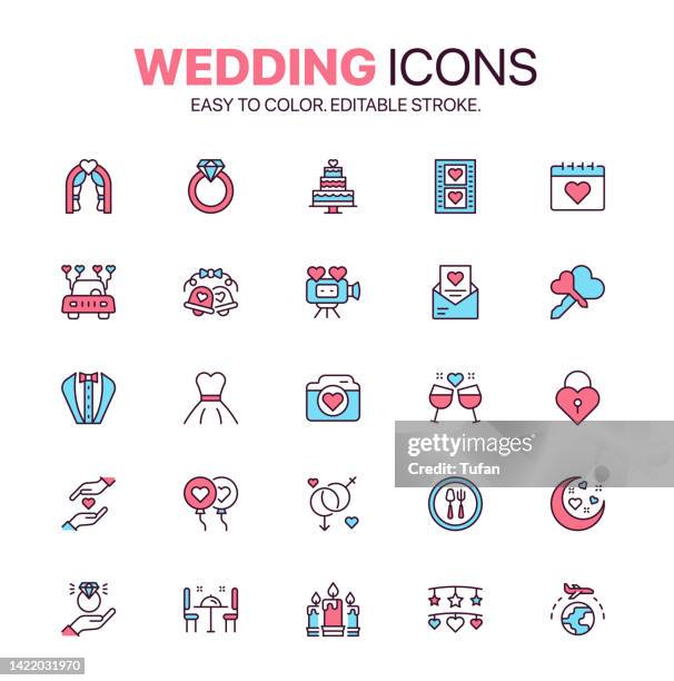 colorful marriage and wedding icon set. bride, ring, celebration, honeymoon, marriage proposal symbols - groomsmen stock illustrations