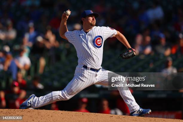 Mark Leiter Jr. #62 of the Chicago Cubs delivers a pitch against the Cincinnati Reds during the ninth inning at Wrigley Field on September 08, 2022...