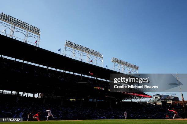 Alexis Diaz of the Cincinnati Reds delivers a pitch to Nick Madrigal of the Chicago Cubs during the eighth inning at Wrigley Field on September 08,...