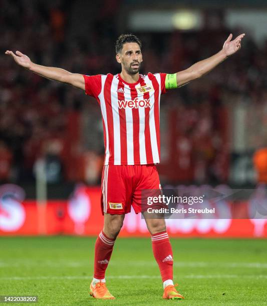 Rani Khedira of 1.FC Union Berlin gestures during the UEFA Europa League group D match between 1. FC Union Berlin and Royale Union Saint-Gilloise at...