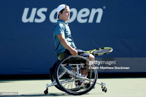 Dahnon Ward of Great Britain plays against Andrew Penney of Great Britain during their Junior Boy’s Wheelchair Singles Quarterfinal match on Day...