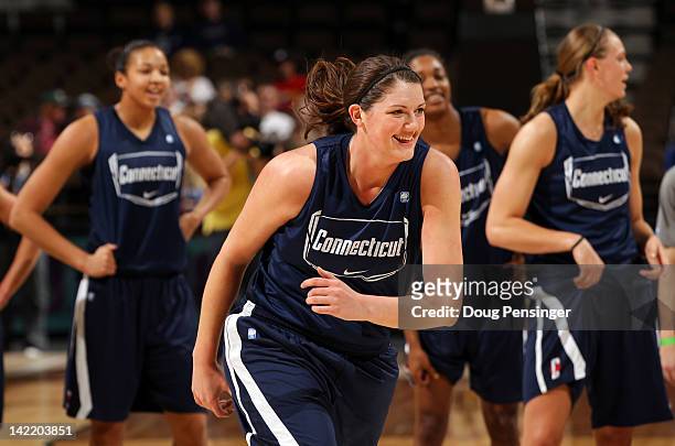 Stefanie Dolson of the Connecticut Huskies participates during practice prior to the NCAA Women's Basketball Tournament Final Four at Pepsi Center on...