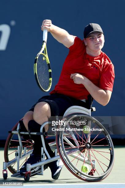 Andrew Penney of Great Britain plays against Dahnon Ward of Great Britain during their Junior Boy’s Wheelchair Singles Quarterfinal match on Day...
