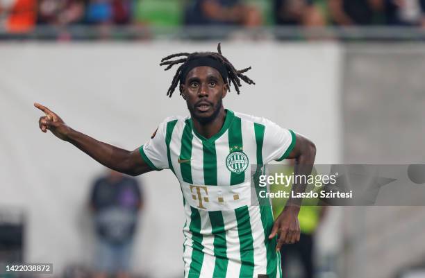 Tokmac Chol Nguen of Ferencvaros celebrates after scoring a goal during the UEFA Europa League group H match between Ferencvaros and Trabzonspor at...