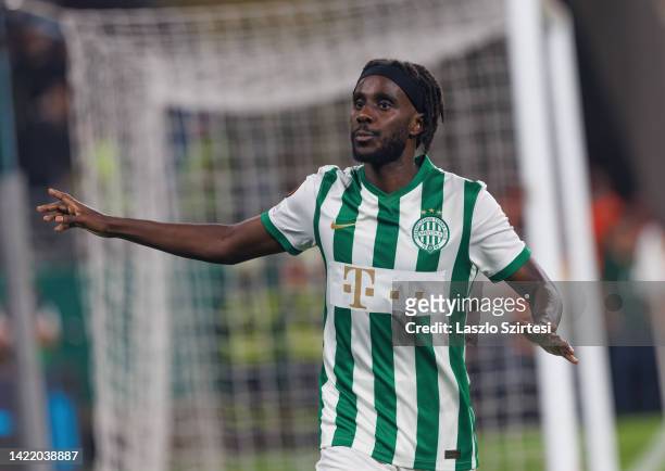 Tokmac Chol Nguen of Ferencvaros celebrates after scoring a goal during the UEFA Europa League group H match between Ferencvaros and Trabzonspor at...