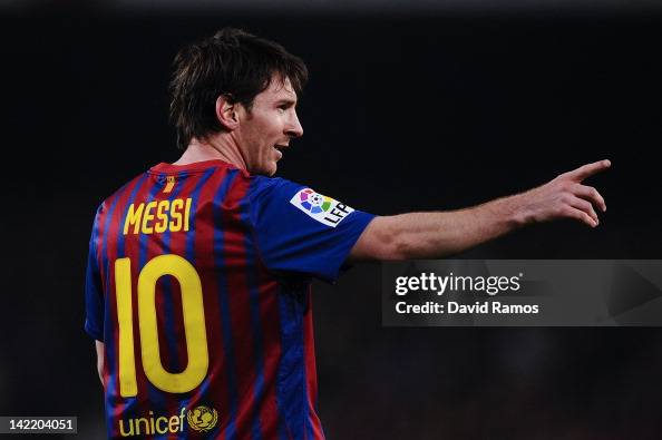 Lionel Messi of FC Barcelona celebrates after scoring his team's