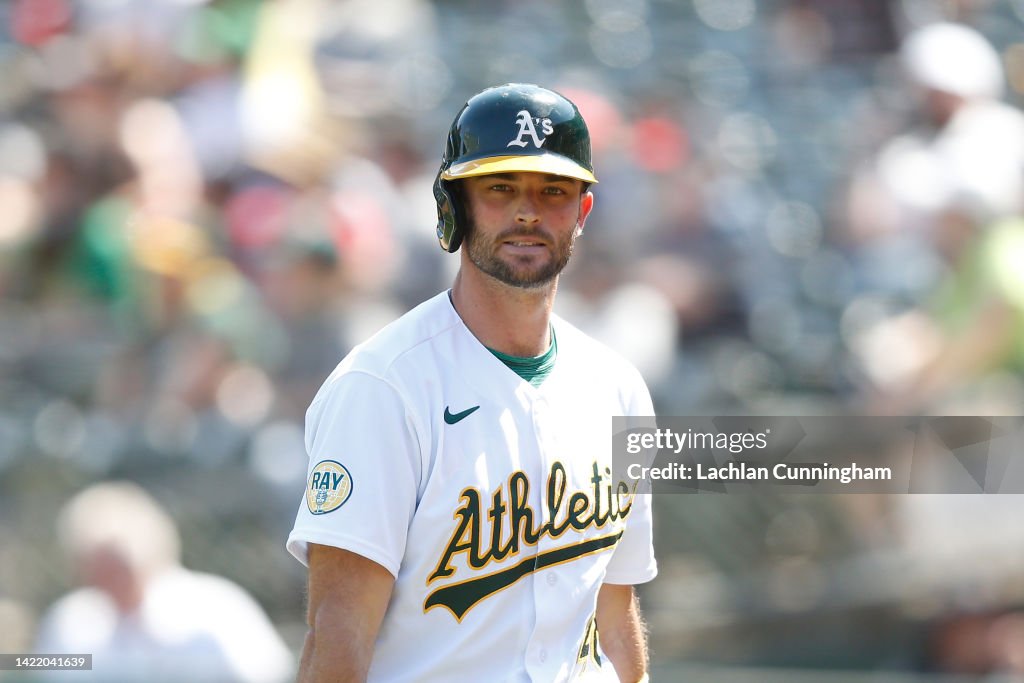 Code Thomas Cody Thomas of the Oakland Athletics looks on while at bat against ...