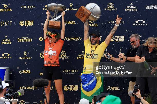 Stephanie Gilmore of Austrlalia and Felipe Toledo celebrate after being named World champions after finishing first place in the Ripcurl WSL Finals...