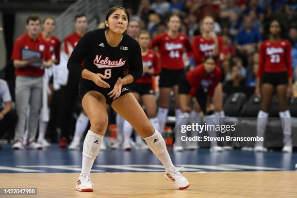 Lexi Rodriguez of Nebraska Cornhuskers awaits a serve against the Creighton Bluejays at CHI Health Center on September 7, 2022 in Omaha, Nebraska.