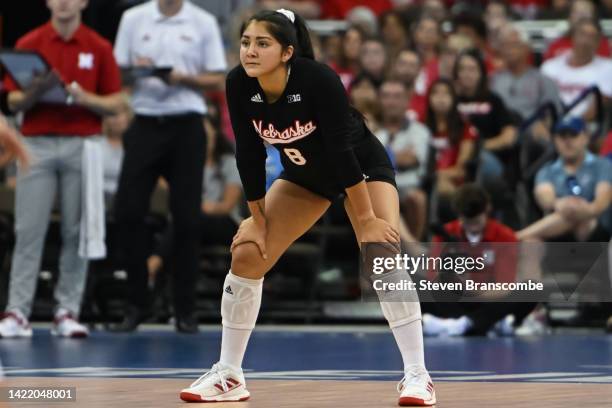 Lexi Rodriguez of Nebraska Cornhuskers awaits the start of play against the Creighton Bluejays at CHI Health Center on September 7, 2022 in Omaha,...