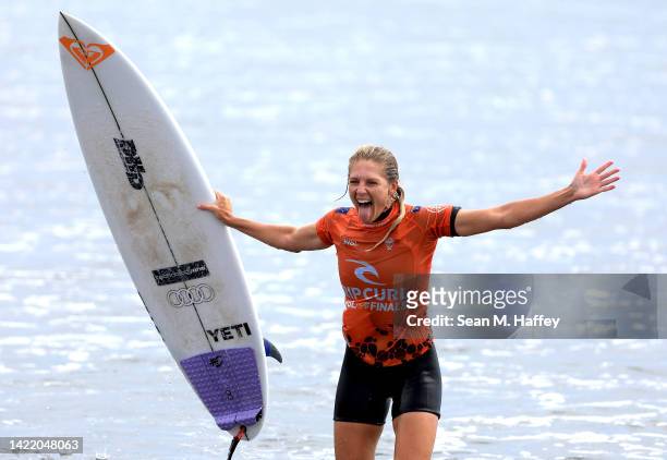 Stephanie Gilmore of Australia reacts after finishing first place in the Ripcurl WSL Finals at Lower Trestles on September 08, 2022 in San Clemente,...