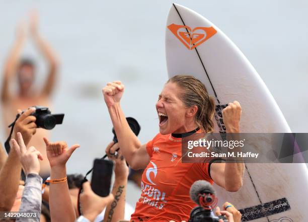 Stephanie Gilmore of Australia reacts after finishing first place in the Ripcurl WSL Finals at Lower Trestles on September 08, 2022 in San Clemente,...