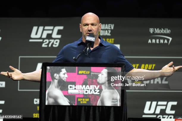 President Dana White hosts the UFC 279 press conference at MGM Grand Garden Arena on September 08, 2022 in Las Vegas, Nevada.