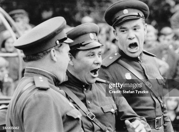 Red Army ensemble entertain the Soviet troops in a park in Prague, during the Prague Spring of 1968.