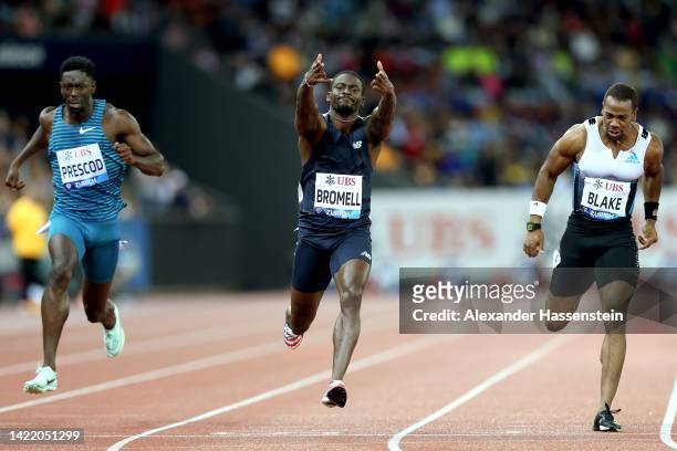 Trayvon Bromell of United States celebrates victory in Men's 100 Metres before Reece Prescod of Great Britain and Yohan Blake of Jamaica during the...